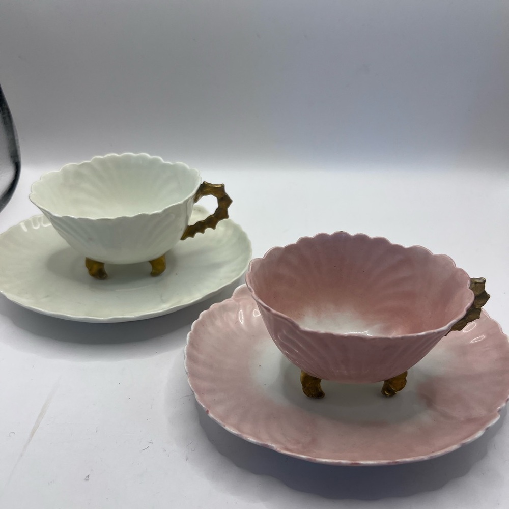 J.P.L. Limoges j Pouyat Pink and White Scalloped Teacup Set with Gold Handles